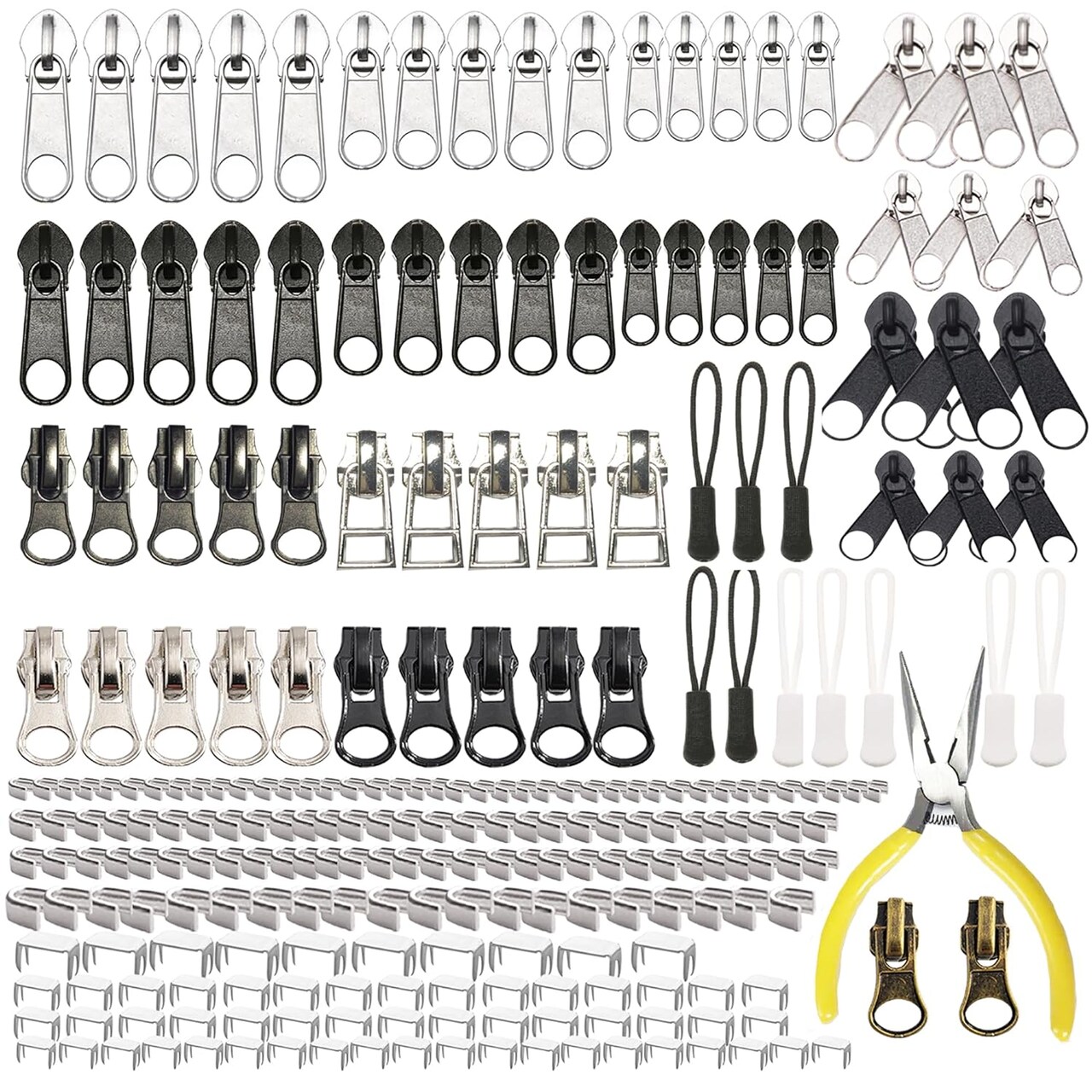 Zipper Repair Kit 255 Pcs Zipper Replacement Kit with Zipper Install Pliers Tool and Zipper Extension Pulls for Clothing Jackets Purses Luggage Backpacks Tents Sleeping Bag